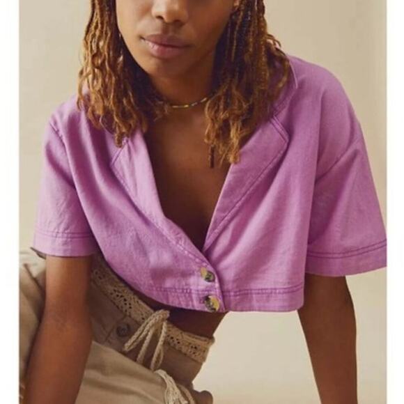 Free People Honeydew Cropped Button Down Short Sleeve Top NWT Women's Sized XS - Picture 3 of 9